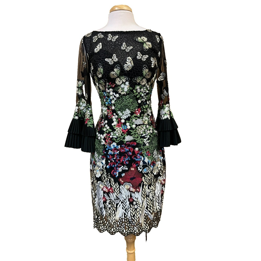 Jovani Butterfly Garden Sheath Dress Bateau Neck 3/4 Pleated Sleeves Back Zip, 8